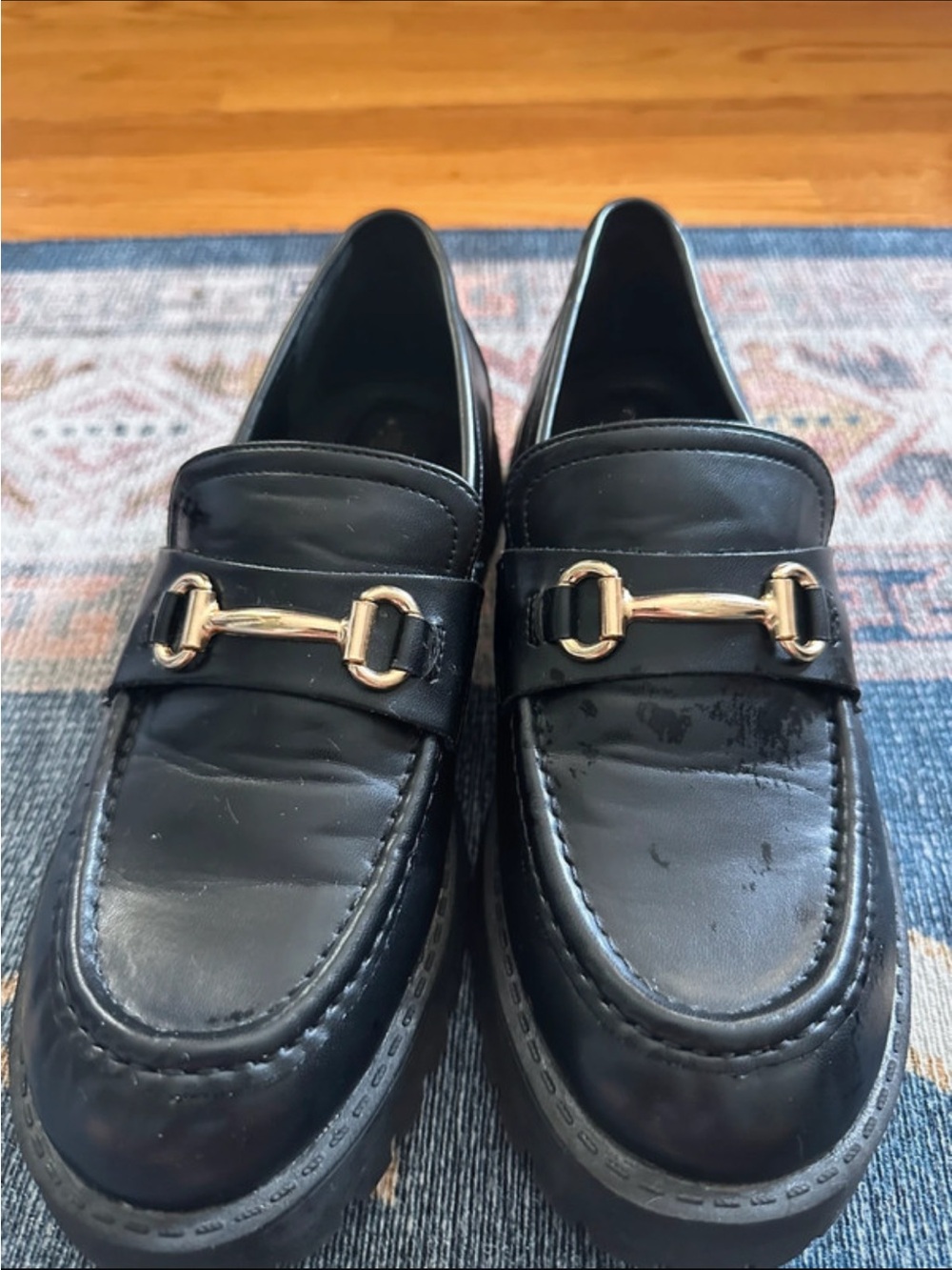 Black faux Leather Bit Loafers with Gold Hardware